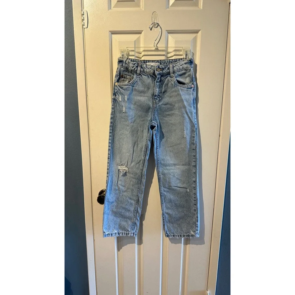 Zara Kids Distressed Light Wash Straight Leg Denim Jeans Size 11-12